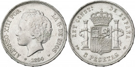 1894*1894. Alfonso XIII. PGV. 5 pesetas. (AC. 104). Rayitas. Limpiada. 24,97 g. MBC/MBC+.