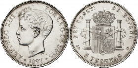 1897*1897. Alfonso XIII. SGV. 5 pesetas. (AC. 107). Limpiada. 24,97 g. EBC-.