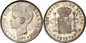 1899*1899. Alfonso XIII. SGV. 5 pesetas. (AC. 110). Bella. Brillo original. 24,99 g. EBC+.