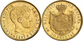 1899*1899. Alfonso XIII. SMV. 20 pesetas. (AC. 116). Rayitas. Parte de brillo original. 6,42 g. MBC+/EBC-.