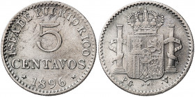 1896. Alfonso XIII. Puerto Rico. PGV. 5 centavos. (AC. 124). 1,26 g. MBC-/BC+.