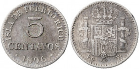 1896. Alfonso XIII. Puerto Rico. PGV. 5 centavos. (AC. 124). 1,22 g. MBC-.