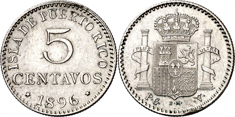 1896. Alfonso XIII. Puerto Rico. PGV. 5 centavos. (AC. 124). Golpe canto. 1,25 g...