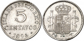 1896. Alfonso XIII. Puerto Rico. PGV. 5 centavos. (AC. 124). Golpe canto. 1,25 g. MBC+.