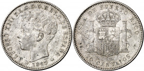 1895. Alfonso XIII. Puerto Rico. PGV. 20 centavos. (AC. 126). Leves impurezas. Escasa. 4,97 g. MBC+/MBC.