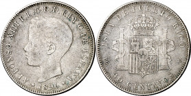 1896. Alfonso XIII. Puerto Rico. PGV. 40 centavos. (AC. 127). Rayitas y golpecitos. Rara. 9,87 g. MBC-/BC+.