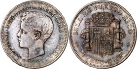 1895. Alfonso XIII. Puerto Rico. PGV. 1 peso. (AC. 128). Rayitas y golpecitos. Pátina artificial. Muy escasa. 25,02 g. (MBC+/EBC-).