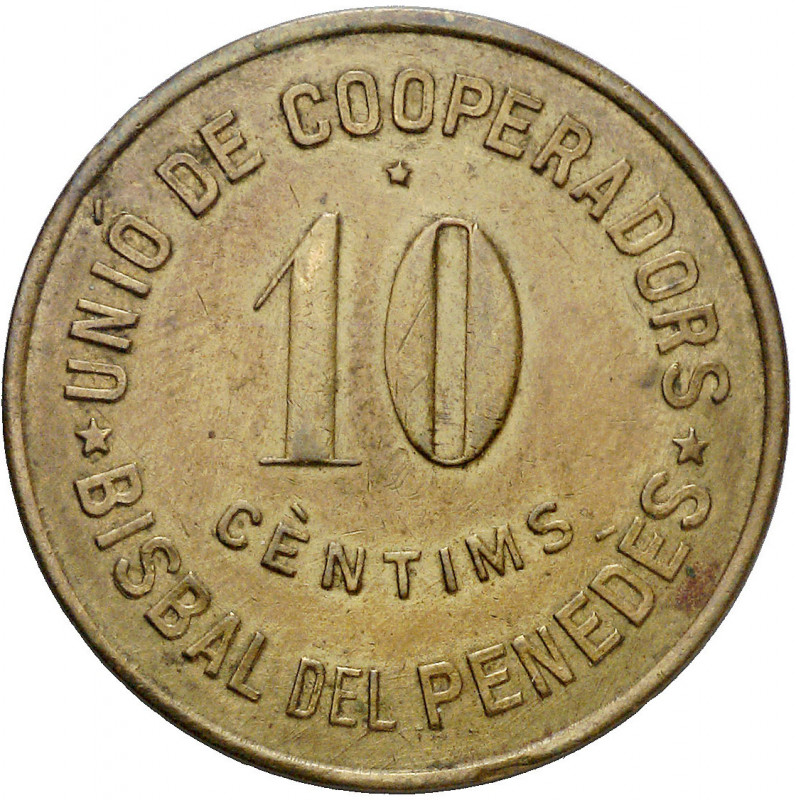 Bisbal del Penedès. Unió de Cooperadors. 10 céntimos. (AL. 2409). Rara. 6,19 g. ...