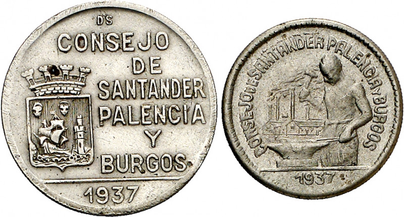 Santander, Palencia y Burgos. 50 céntimos y 1 peseta. (AC. 34 y 35). 2 monedas, ...