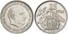 1957. Franco. BA (Barcelona). 25 pesetas. (AC. 155). I Exposición Iberoamericana de Numismática y Medallística. 8,56 g. EBC+.