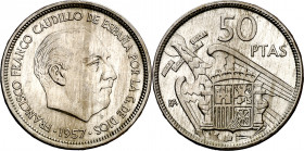 1957. Franco. BA (Barcelona). 50 pesetas. (AC. 156). I Exposición Iberoamericana de Numismática y Medallística. 12,48 g. EBC.