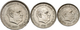 1957. Franco. BA (Barcelona). 5, 25 y 50 pesetas. (AC. 154 a 156). I Exposición Iberoamericana de Numismática y Medallística. 3 monedas, serie complet...