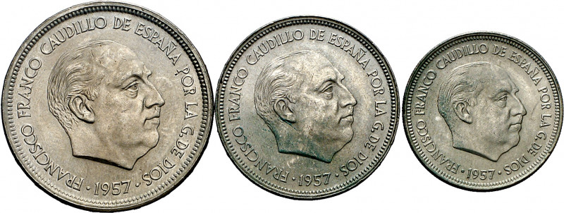 1957. Franco. BA (Barcelona). 5, 25 y 50 pesetas. (AC. 154 a 156). I Exposición ...