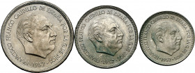 1957. Franco. BA (Barcelona). 5, 25 y 50 pesetas. (AC. 154 a 156). I Exposición Iberoamericana de Numismática y Medallística. 3 monedas, serie complet...