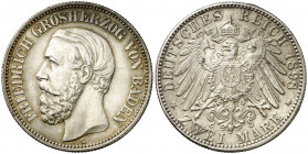 Alemania. Baden. 1898. Federico I Gran Duque. G (Stuttgart). 2 marcos. (Kr. 269). Pátina. Bella. Rara y más así. AG. 11,12 g. EBC+.