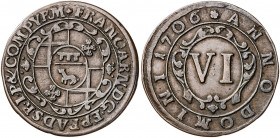 Alemania. 1706. Franz Arnold. Paderborn. 6 pfenning. (Kr. 173.2). CU. 1,88 g. MBC+.