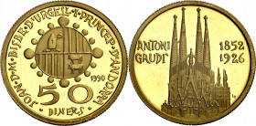 Andorra. 1990. 50 diners. (Fr. 9) (Kr. 64). Antoni Gaudí. Acuñación de 3000 ejemplares. AU. 16,97 g. Proof.