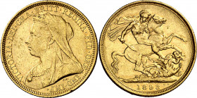 Australia. 1893. Victoria. S (Sydney). 1 libra. (Fr. 23) (Kr. 13). Rayitas y golpecitos. AU. 7,93 g. MBC-.
