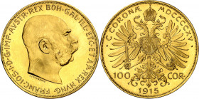 Austria. 1915. Francisco José I. 100 coronas. (Fr. 507R) (Kr. 2819). Reacuñación. AU. 33,81 g. S/C-.