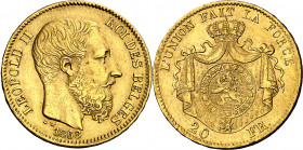 Bélgica. 1868. Leopoldo II. 20 francos. (Fr. 412) (Kr. 32). AU. 6,42 g. MBC+.