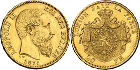 Bélgica. 1874. Leopoldo II. 20 francos. (Fr. 412) (Kr. 37). Golpecito. AU. 6,42 g. MBC+.