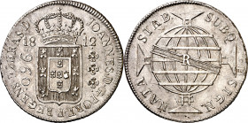 Brasil. 1812. Juan, Príncipe Regente. R (Río). 960 reis. (Kr. 307.3). Acuñada sobre 8 reales 1808. AG. 26,91 g. MBC+.