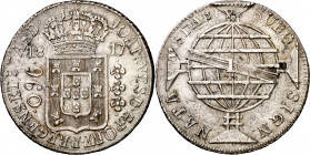 Brasil. 1817. Juan, Príncipe Regente. R (Río). 960 reis. (Kr. 307.3). Acuñada sobre 8 reales 1816 Sevilla CJ. Rara. AG. 27,09 g. MBC+.