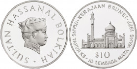 Brunei. 1977. Sultán Hassanal Bolkiah. 10 dólares. (Kr. 21). Escasa. AG. 28,42 g. Proof.