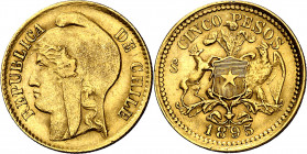 Chile. 1895. Santiago. 5 pesos. (Fr. 50) (Kr. 153). AU. 2,99 g. MBC+.