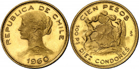 Chile. 1960. Santiago. 100 pesos. (Fr. 54) (Kr. 175). AU. 20,31 g. S/C-.