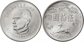 China. Taiwán. Año 54 (1965). 50 yuan. (Kr. 539). Escasa. AG. 17,59 g. S/C.