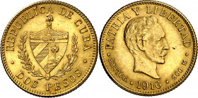 Cuba. 1916. 2 pesos. (Fr. 6) (Kr. 17). Leves marquitas. Bella. Brillo original. AU. 3,34 g. S/C-.