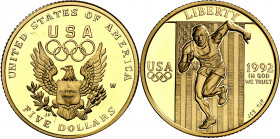 Estados Unidos. 1992. W (West Point). 5 dólares. (Fr. 202) (Kr. 235). Juegos Olímpicos - Los Ángeles '94. AU. 8,38 g. Proof.