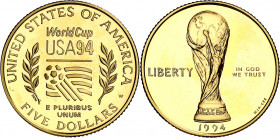 Estados Unidos. 1994. W (West Point). 5 dólares. (Fr. 206) (Kr. 248). Mundial de Fútbol - Estados Unidos '94. En estuche oficial con certificado. AU. ...