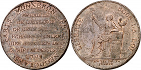 Francia. 1791. Monneron Freres. 2 sueldos. (Kr.Tn 23). "Medaille de Confiance". Leves impurezas. Parte de brillo original. CU. 17,47 g. (EBC-).
