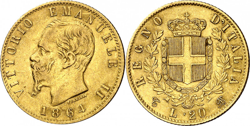 Italia. 1864. Víctor Manuel II. Turín. 20 liras. (Fr. 11) (Kr. 10.1). AU. 6,42 g...