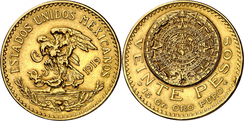 México. 1919. 20 pesos. (Fr. 171) (Kr. 478). Golpecito. AU. 16,66 g. EBC-.