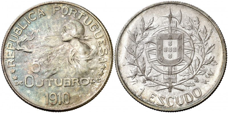 Portugal. 1910. 1 escudo. (Kr. 560). Nacimiento de la República. Escasa. AG. 25,...