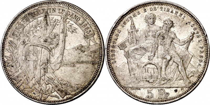 Suiza. 1883. 5 francos. (Kr. 516). Festival de Tiro: Lugano. AG. 24,92 g. MBC+.