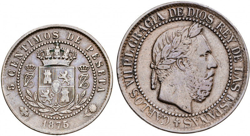 1875. Carlos VII, Pretendiente. Oñate. 5 y 10 céntimos. Lote de 2 monedas. MBC-/...