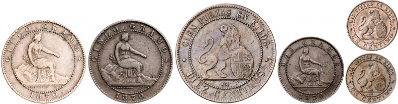 1870. Gobierno Provisional. 1 (dos), 2, 5 (dos) y 10 céntimos. Lote de 6 monedas...