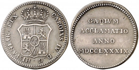 1789. Carlos IV. Cádiz. Proclamación. Módulo 2 reales. (Ha. 18) (V. 76) (V.Q. 13080). Escasa. 7,59 g. MBC+.