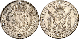 1789. Carlos IV. Lima. Proclamación. (Ha. 156) (Medina 180). Cuatro perforaciones. Escasa. 13,55 g. Ø37 mm. (MBC+).