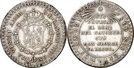 (1790). Carlos IV. Real del Catorce. Proclamación. (Ha. 203) (Medina 235). Agujero tapado. Escasa. Plata. 6,55 g. Ø28 mm. (MBC).
