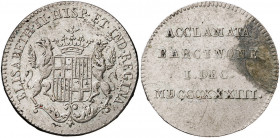 1833. Isabel II. Barcelona. Proclamación. Módulo 2 reales. (Ha. 6) (V. 739). Grabador: J. Masferrer. 3,60 g. MBC.