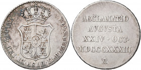 1833. Isabel II. Madrid. Proclamación. (Ha. 21) (Ruiz Trapero 587) (V. 749) (V.Q. 13370). Plata. 5,89 g. Ø25 mm. MBC-.