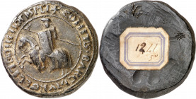 Jaume I. Reproducción en cera del reverso de un sello pendiente en plomo. (Ferran de Segarra 29). Etiqueta antigua pegada en reverso. 5,80 g. EBC.