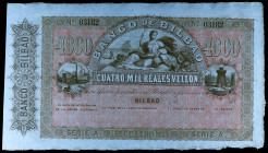 18... (1857). Banco de Bilbao. 4000 reales de vellón. (Ed. A135) (Ed. 148). Serie A. Sin firmas, con numeración y matriz lateral izquierda. S/C-.