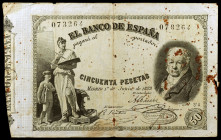 1889. 50 pesetas. (Ed. B82) (Ed. 298). 1 de julio, Goya. Múltiples manchitas y pequeñas roturas. Muy raro. (MBC-).
