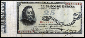 1899. 25 pesetas. (Ed. B90a) (Ed. 306a). 17 de mayo, Quevedo. Serie D. Reparaciones. Raro. BC+.